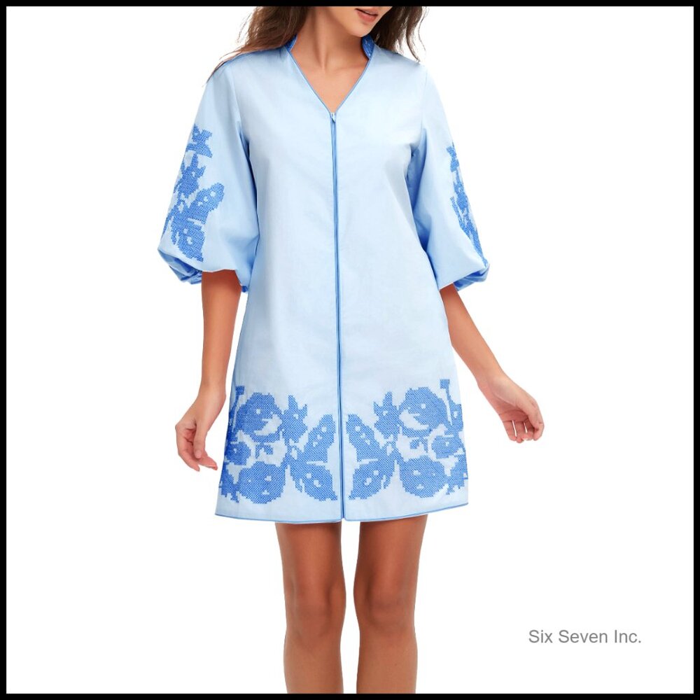 Floral Embroidery Mini Dress With 3/4 Puff Sleeves V Neck Zip Party Dress